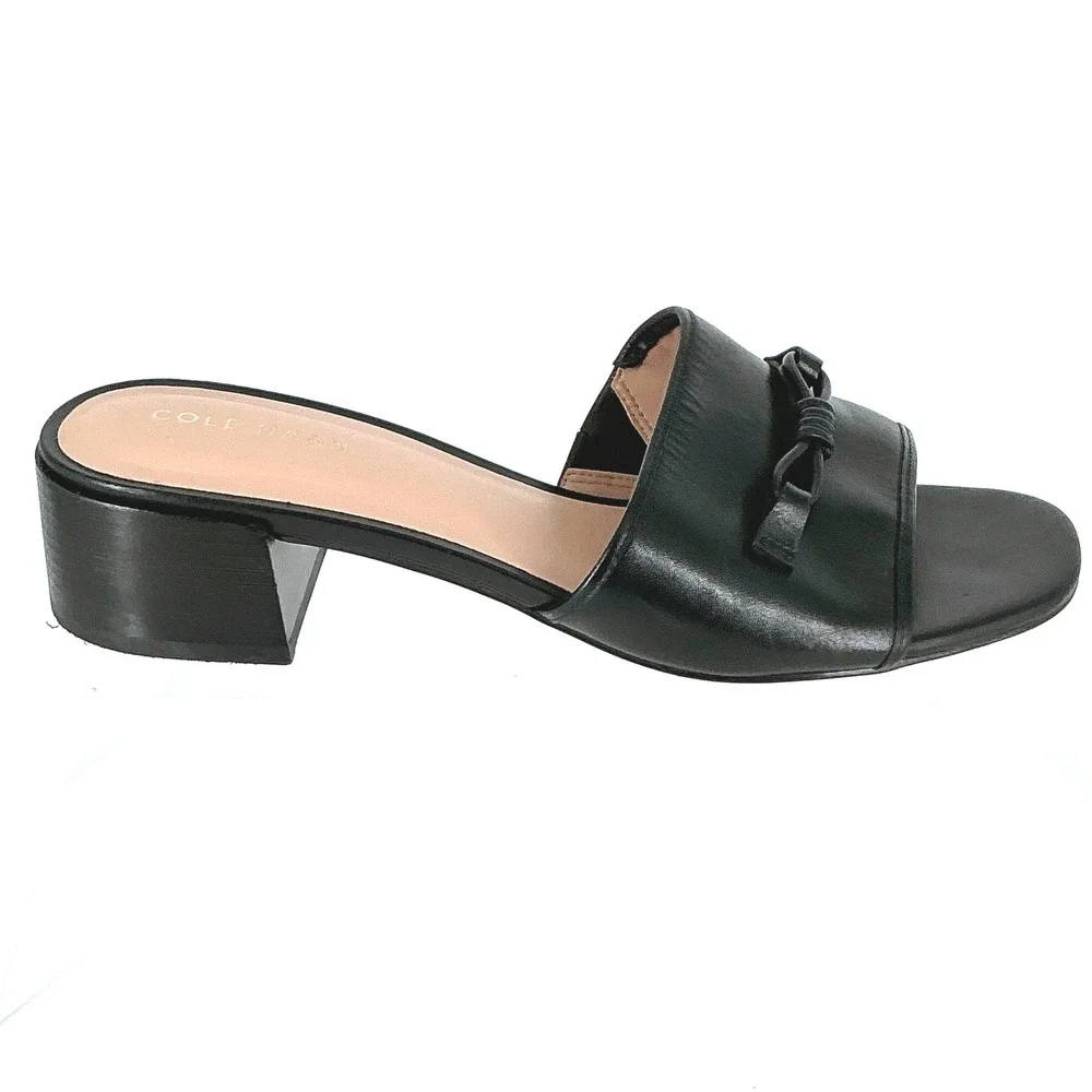 Cole Haan Grand 360 Size 8 Black‎ Leather Knot Slide Sandals Block Heel Womens